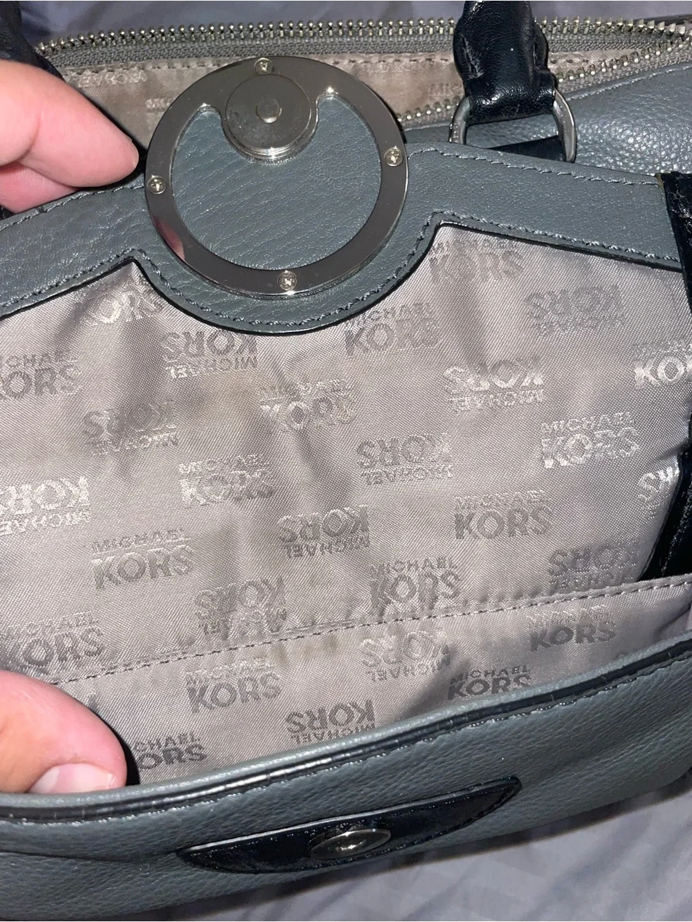 Michael Kors Gray Pebbled Leather Satchel with Black Trim and MK Logo